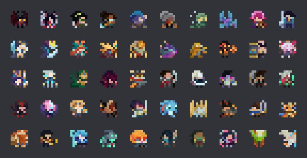 Pixel art of the first 50 league of legends champions alphabetically, from Aatrox to Janna.