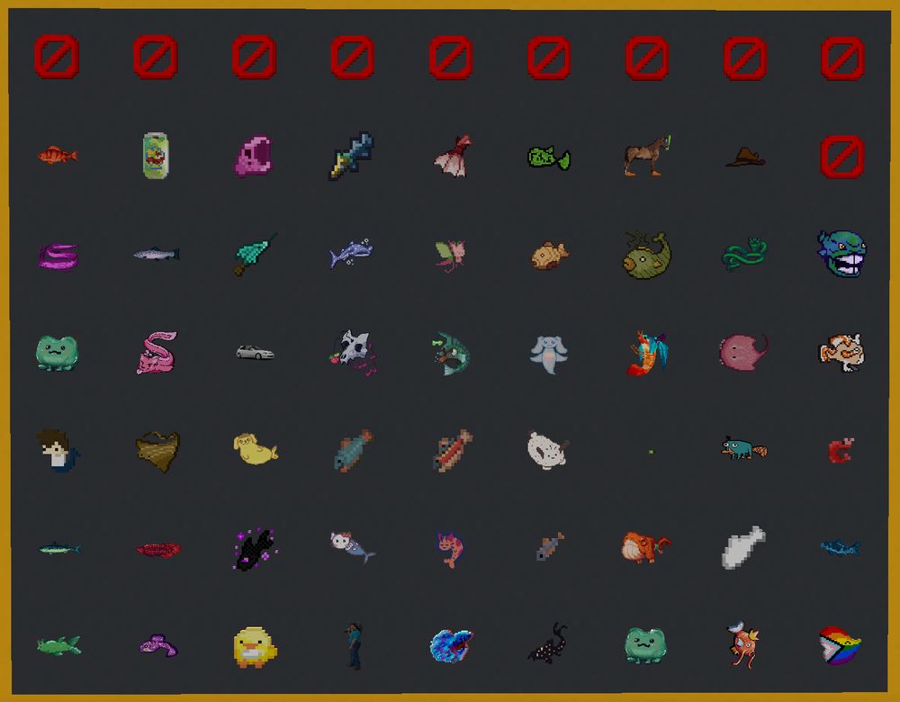 A Minecraft screenshot of textures in item frames, all of varying objects able to be fished up from the mentioned datapack. There are 53 fish in total displayed. Not all are fish, some are silly memes as well.
