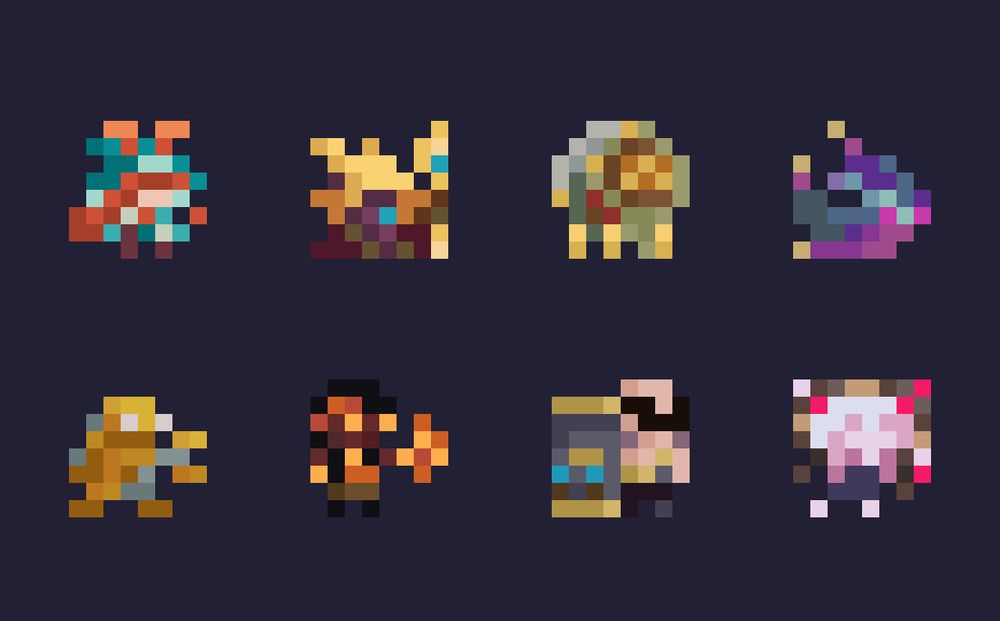 A 2x4 grid of 8x8 pixel art sprites of the 8 league of legends champions: Aurora, Azir, Bard, Bel'Veth, Blitzcrank, Brand, Braum, and Briar.