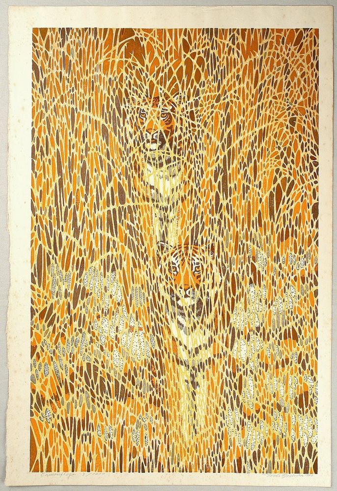 “Two tigers. They are nearly invisible in the high grass.”
Japanese color woodblock print in portrait orientation, depiction of a pair of tigers in center of composition beautifully hidden in in a field of tall grass that matches their colors, faces peeking out and front of bodies visible (but well blended in)