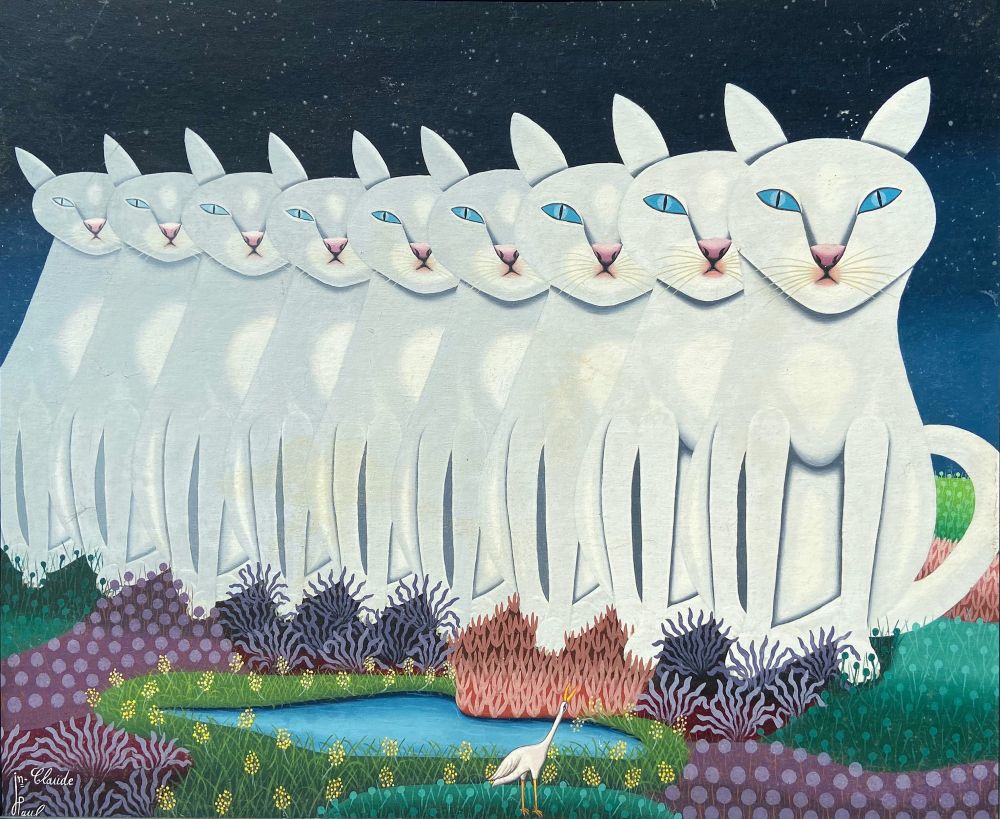painting in landscape orientation, nine giant white cats with blue eyes and pink noses lined up in a row sitting a surreal nocturnal landscape with multicolored vegetation surrounding a turquoise lake and a white egret (?), dwarfed by the huge cats, looking up at them