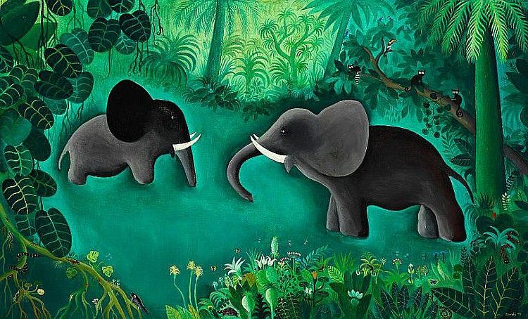 1. Badende Elefanter (Bathing Elephants), 1953
painting in landscape orientation
Two dark grey tusked elephants facing each other, knee deep in a pool of water in a lush blue-green jungle landscape