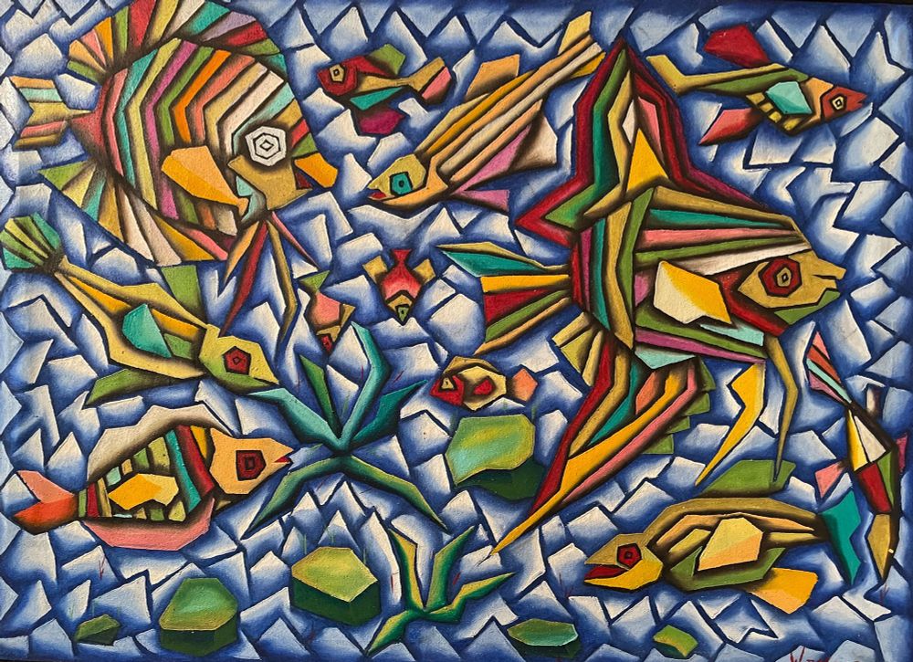 modern art painting in landscape orientation depicting a school of stylized multicolored fish swimming amongst plants and rocks underwater - geometric, mosaic like style