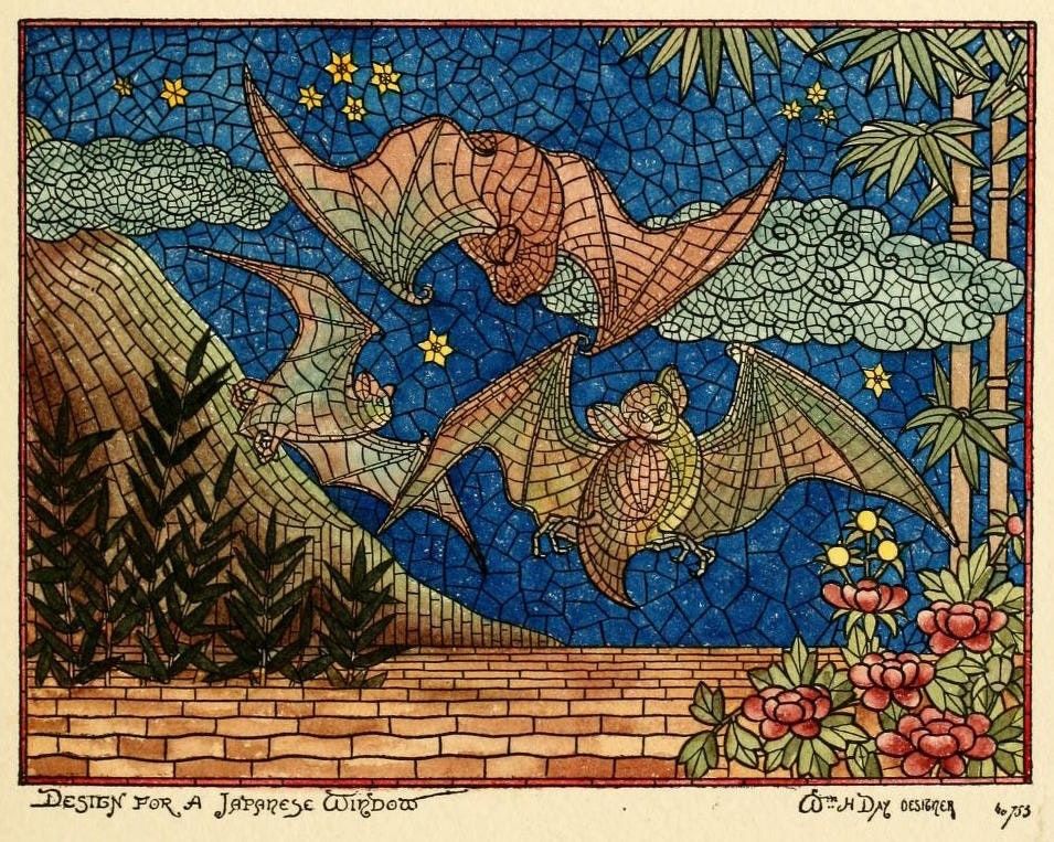 color book plate in landscape orientation, illustration from a vintage mosaic glass company catalog, design for a “Japanese window” featuring a pair of large brown bats flying in a nocturnal tropical landscape with dark blue sky, swirly clouds, mountain, bamboo, leafy vegetation, red flowering bushes, yellow flowers, brick ground 
title, designer name, catalog number written in bottom margin