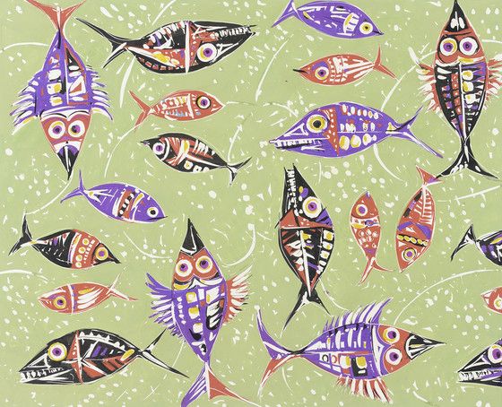 textile pattern design, illustration of multicolor tropical fish of various shapes and sizes swimming in different directions on light green background