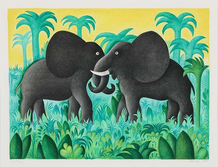 2. Et møde (A Meeting), 1974
painting in landscape orientation
two confronting grey elephants, trunks entwined, in a bright blue-green jungle landscape with bright yellow sky in background