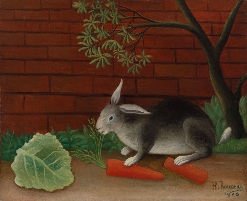 oil painting in landscape orientation, grey rabbit sitting in brown ground under a tree with two carrots and a lettuce leaf, with red brick wall in background