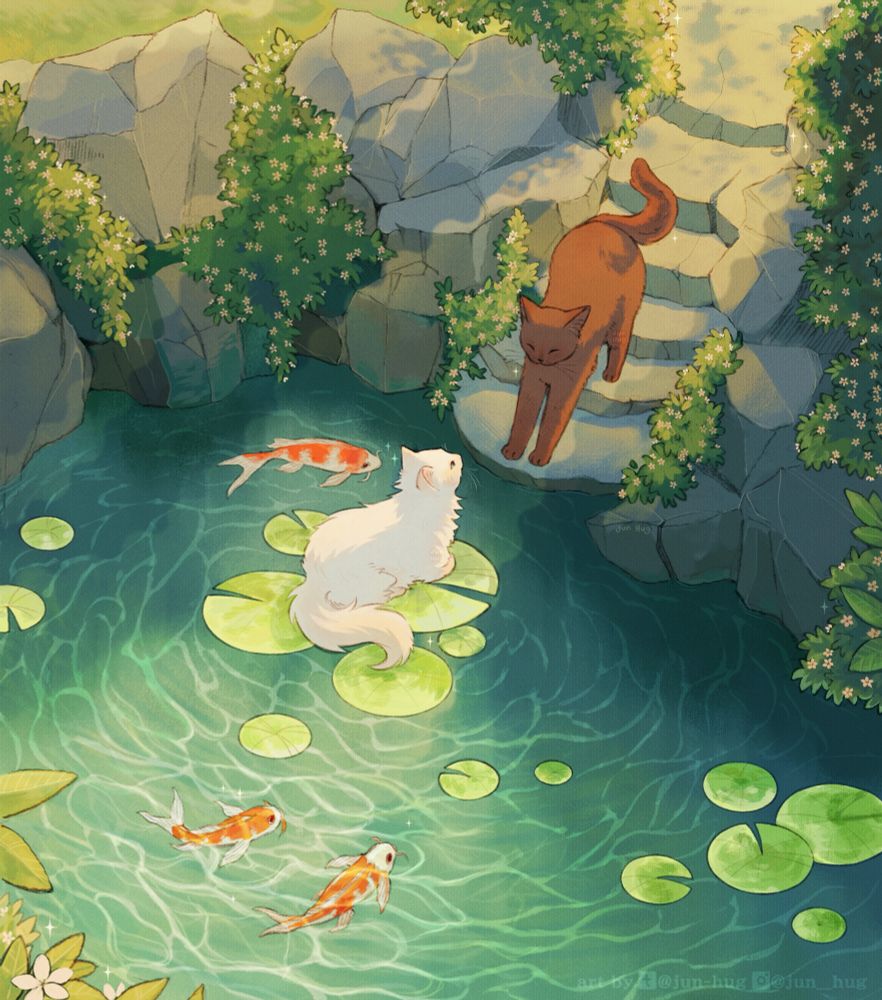 same but uncropped version of that digital illustration of a pond surrounded by stones and greenery. A white longhair cat sits on lily pads above the water, she looks at brown shorthair one stretching in the sunlight. There are three white and orange koi fish swimming around.