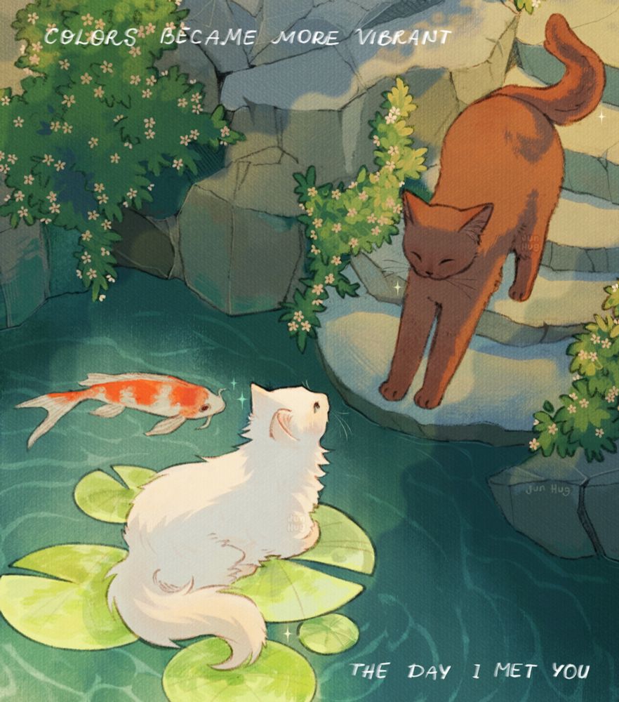 a digital illustration of a pond surrounded by stones and greenery. A white longhair cat sits on lily pads above the water, she looks at brown shorthair one stretching in the sunlight. There's also a white and orange koi fish near the white cat.