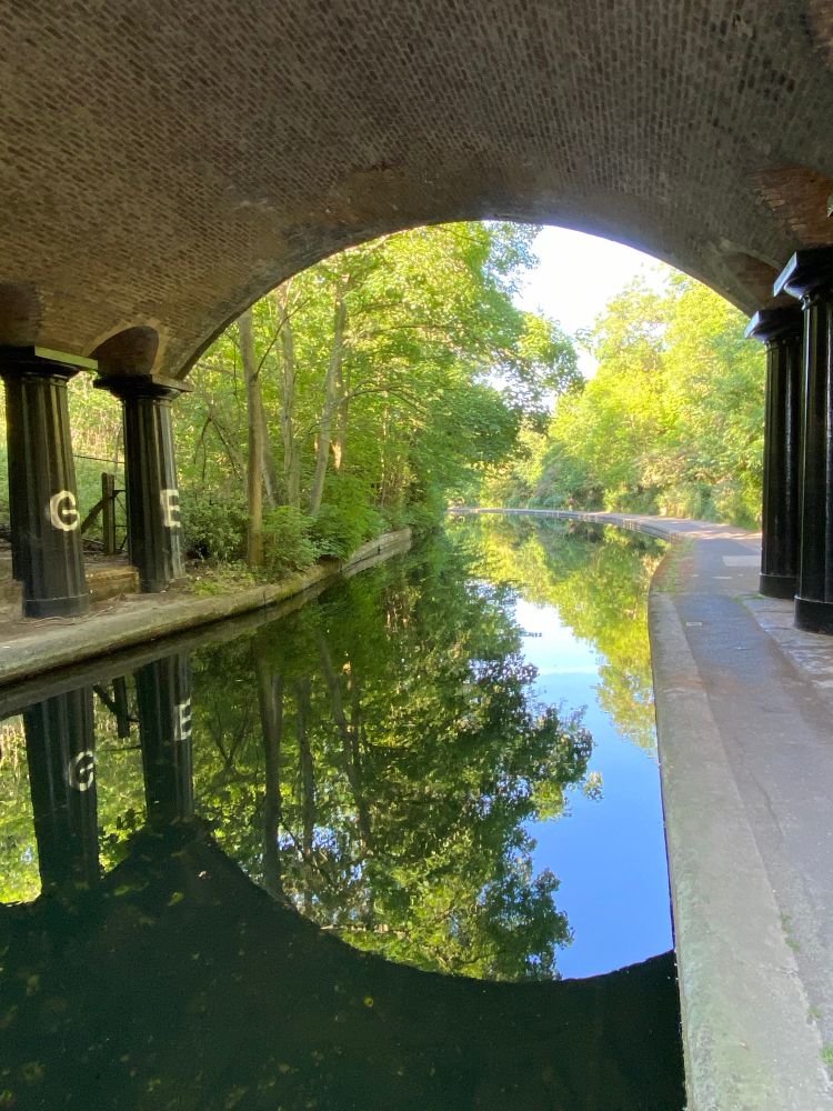 Reflection of sky, trees and bridge.