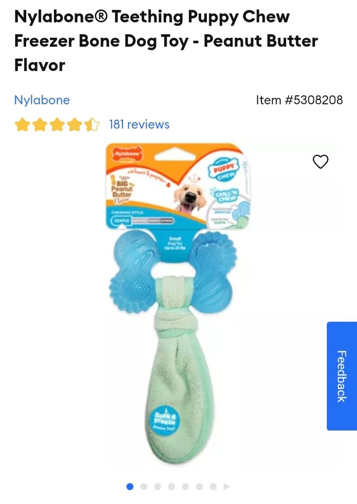 Online listing for nylabone teething puppy chew freezer bone dog toy peanut butter flavor (clear blue textured bone, middle section has a hole with Terry cloth tied on it, that you freeze w water for them to chew on) 