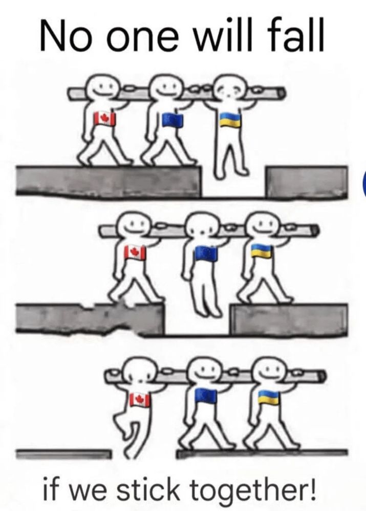 A cartoon in three panels. In the top panel, three persons carrying a log beam over their shoulders come across a pit. The first person would fall into the pit, but can hold to the beam. The first person has Ukrainian flag. In the second panel, the middle person, with EU flag, would be in danger - but the other two keep carrying the beam. In the last panel, the last person - Canada - avoids falling in the same way. The cartoon is titled "No one will fall, if we stick together."