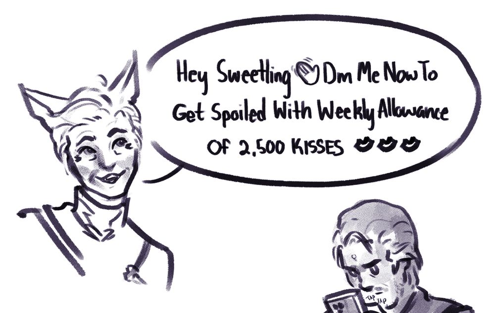 A doodle of Makoh'to saying "Hey Sweetling Dm Me Now to Get Spoiled With Weekly Allowance of 2,500 Kisses". Gaius Baelsar is shown focusing intensely as he types on his phone to respond to Makoh'to...