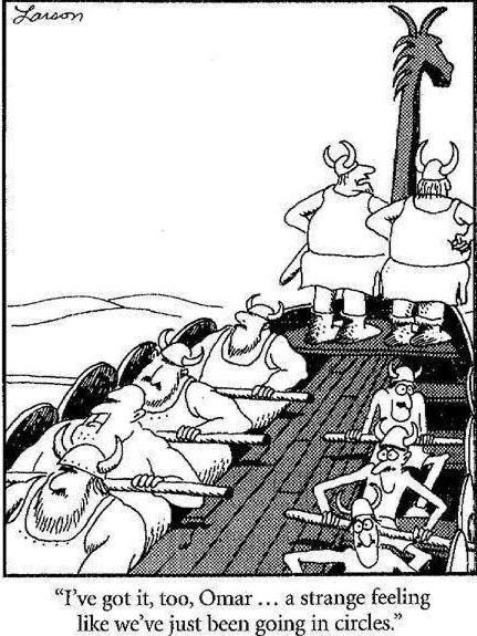 A Far Side cartoon of men on a galley. 