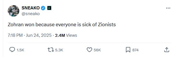 Sneako tweeting "Zohran won because everyone is sick of Zionists"