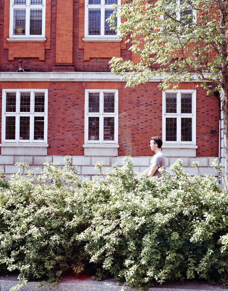 A man is skipping with a rope behind a hedge of shrubs in front of a red brick building.