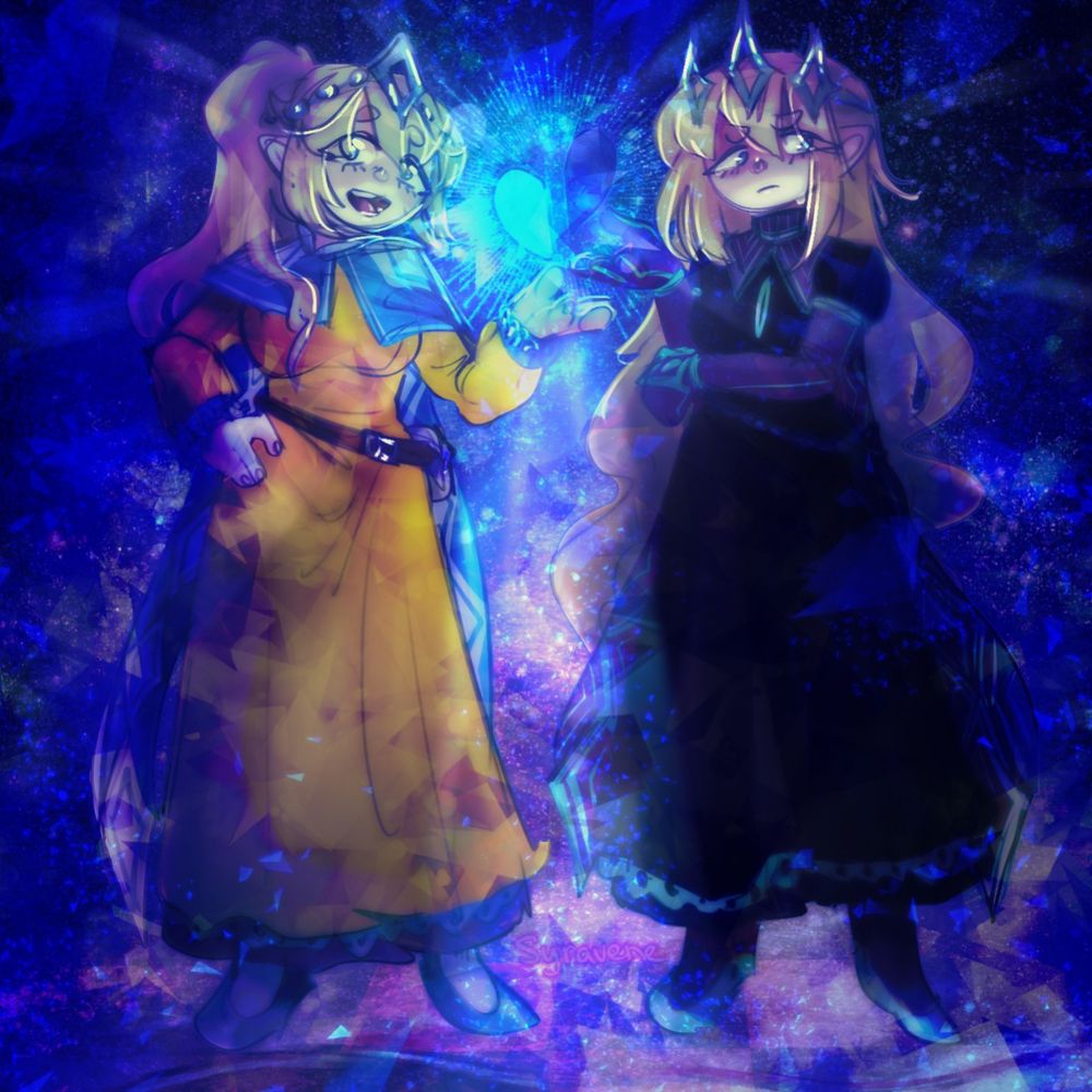 Two girls holding a half of a heart, one side glowing brilliantly but the other bears no light. The glowing side's wielder is smiling and happy with bright clothing. The dark side's wielder seems to look gloomy, wearing darker but similar clothing to the other girl.