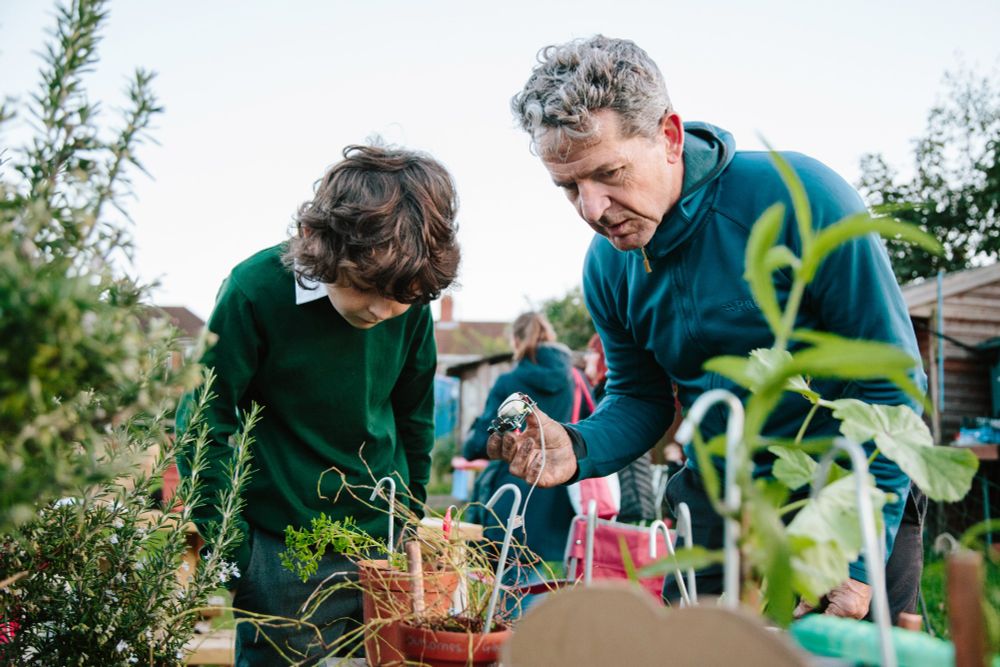 Young person and adult examining electronics attached to plants.