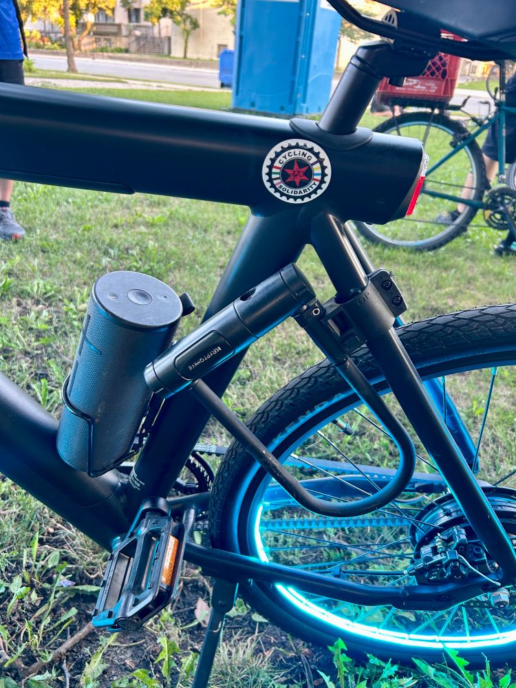 sticker on blue bike, grass all around 