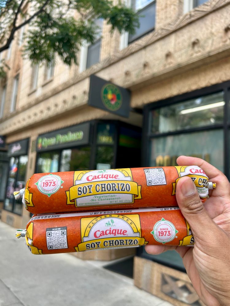 Soy chorizo in front of Open Produce grocery store in Hyde Park