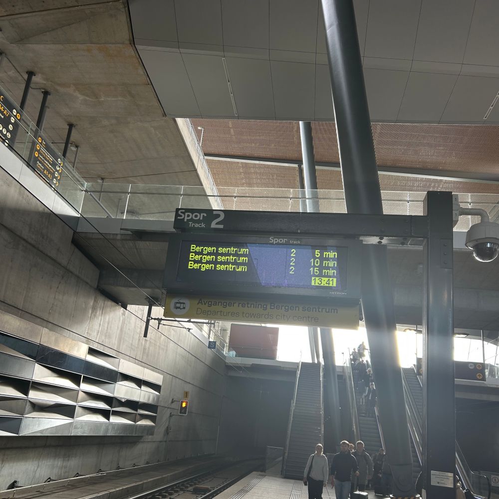 Airport light rail with screen showing 5min headways