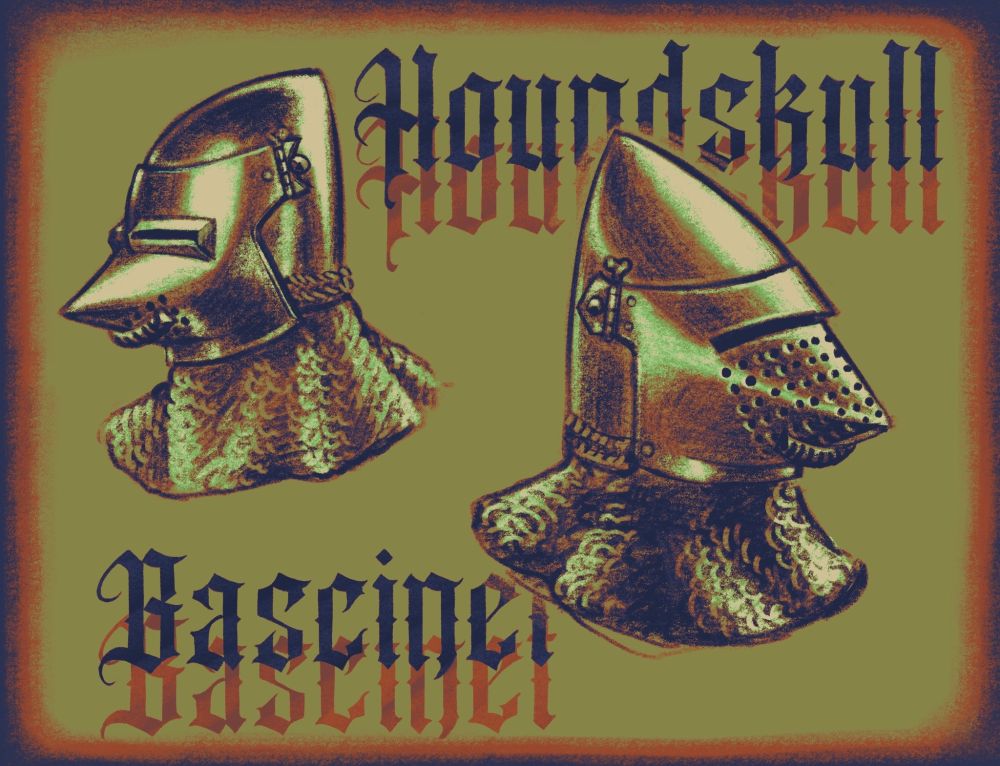 two pointy face medieval helmets in varying shades of navy orange and green, with the lettering 'houndskull bascinet' in the back in generic gothic font