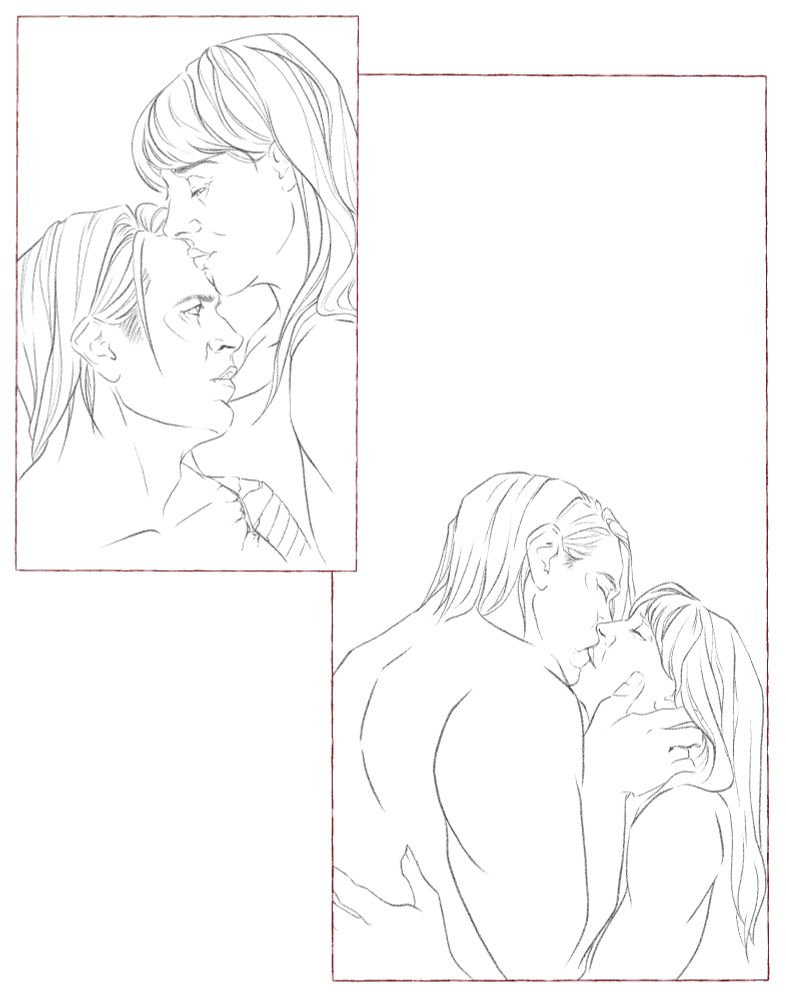 A page with two illustration panels.
First panel is Natasha Romanoff kissing James Barnes' forehead.
Second panel is kissing each other lovingly.