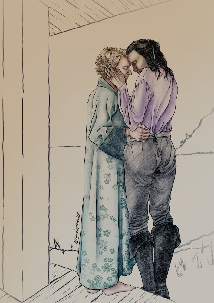 Digital color illustration of Stede Bonnet and Ed Teach from Our Flag Means Death. Stede is in a teal floral robe. Ed wears a purple top and black pants and boots. They are embracing.