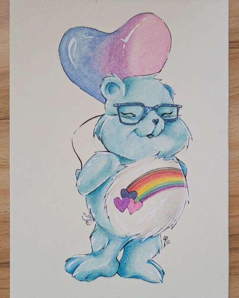 Color illustration of a custom Care Bear. She is blue with a rainbow stomach symbol holding a balloon with the bisexual pride colors.