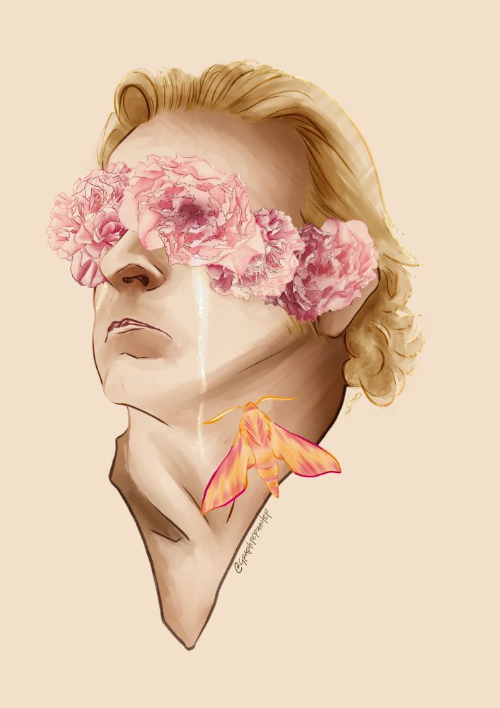 Color illustration in warm tones. A bust portrait of Stede Bonnet from Our Flag Means Death. There is a "Rosy Maple Moth" on his neck and pink carnations across his eyes.