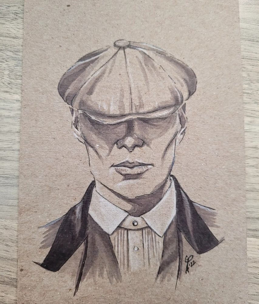 Black and white marker sketch of Tommy Shelby of Peaky Blinders