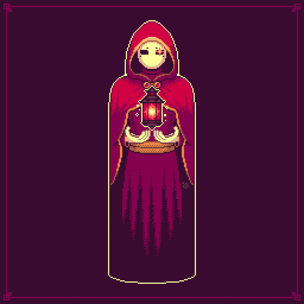 Pixel artwork of my OC Ember. He is wearing a hooded maroon cloak with golden trim and clasps with red jewels, a long burgundy robe, a wide golden sash, a white full-face porcelain mask and white gloves. His left eye is glowing orange, and he is holding a floating black lantern phylactery with a red glow that contains his soul