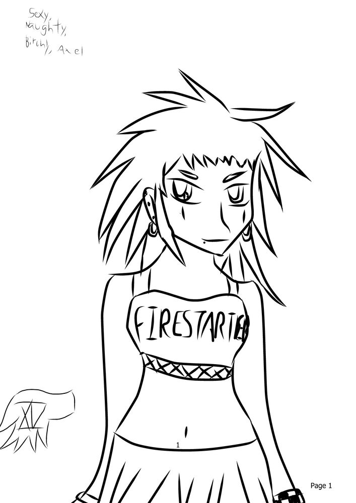 A black and white drawing of Axel from Kingdom Hearts, imagined as a girl. She is wearing a skirt and a halter top with the word "FIRESTARTER" written on it, as well as a black and white checkered bracelett barely in frame. In the top left corner, the words "sexy, naughty, bitchy, Axel" are written, referencing a song by Tata Young. In the bottom left there is a stylized wolf head sillouette with the roman numeral for 15 in it, which was OP's deviantArt signature at the time.
