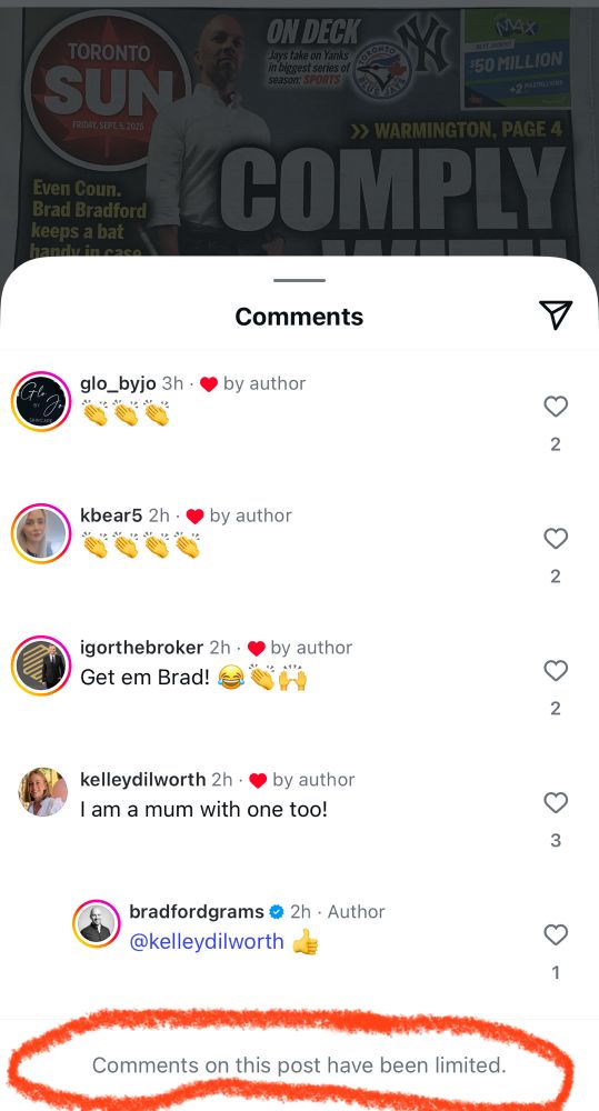 Screenshot of comments on Brad Bradford’s Instagram post, with a note at the bottom saying “comments on this post have been limited”