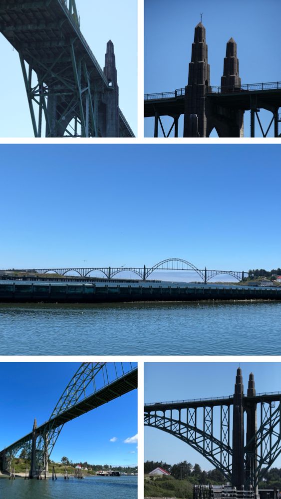 A collage of different views of the Yaquina Bay Bridge. Four of the photos highlight the Art deco decoration and iron work of the bridge. The center photo is a wide shot showing the entire span of the bridge. Photos by Robert Emond. 