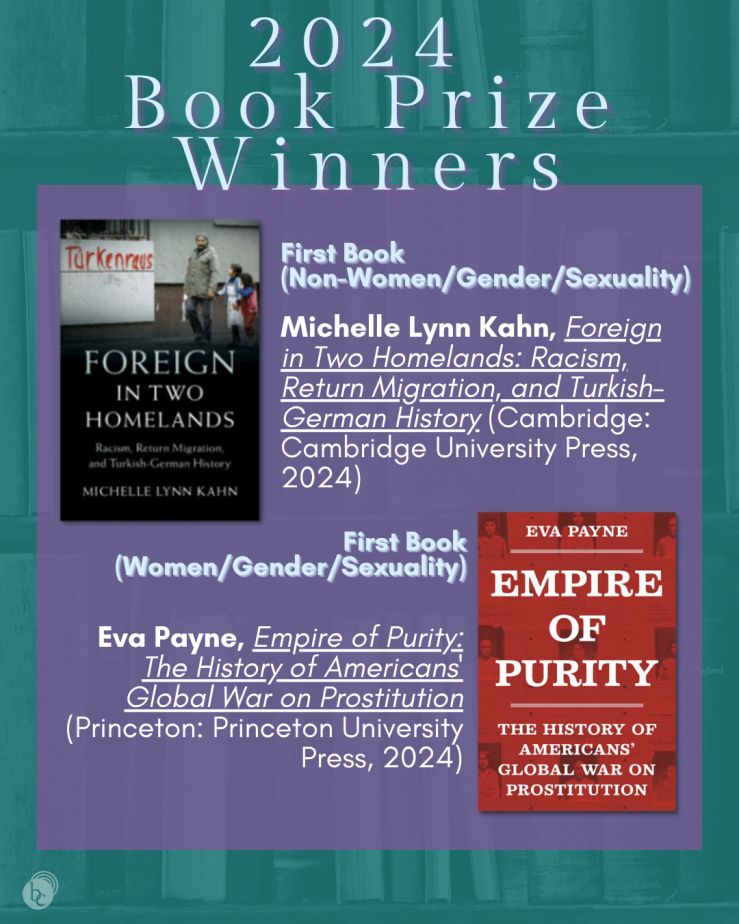 Announcement displaying the 2024 Book Prize winners with covers: "Foreign in Two Homelands" by Michelle Lynn Kahn and "Empire of Purity" by Eva Payne.