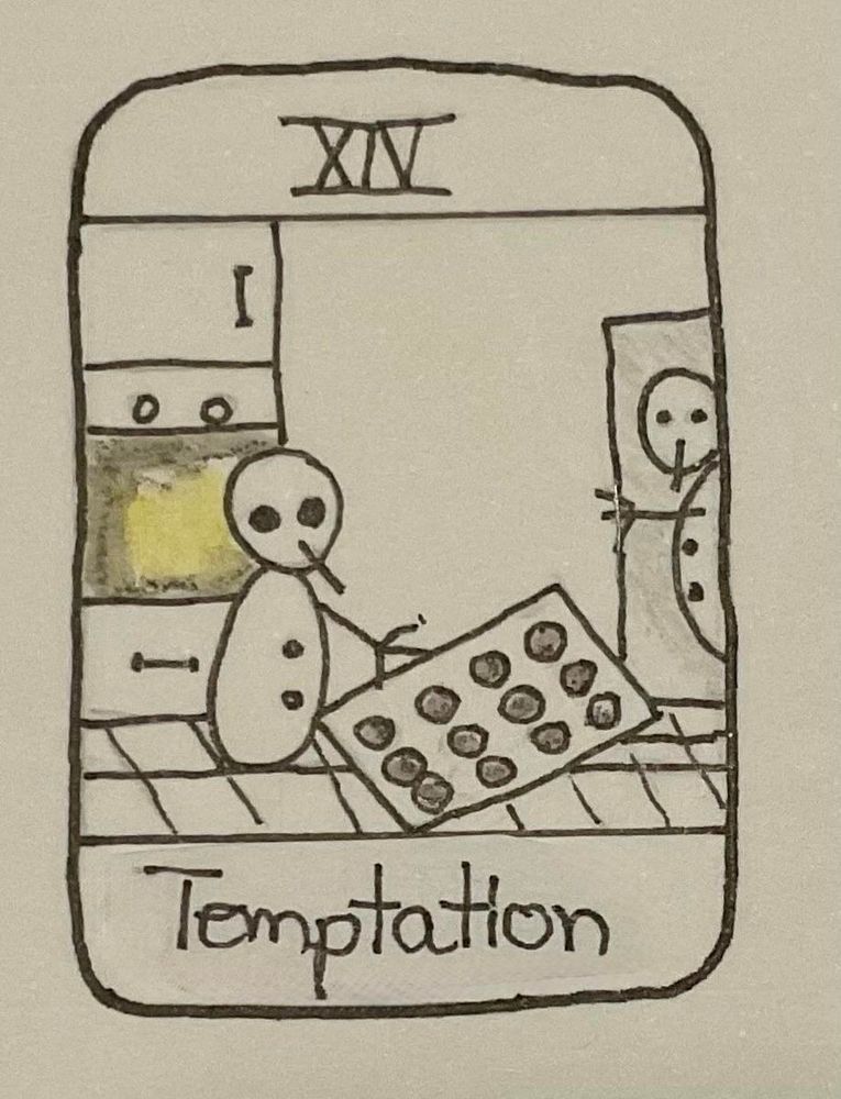 A simple drawing depicting a snowman holding a tray of cookies, with another snowman sneaking in or spying on them at the door. The title "Temptation" is at the bottom, and the number XIV is at the top.