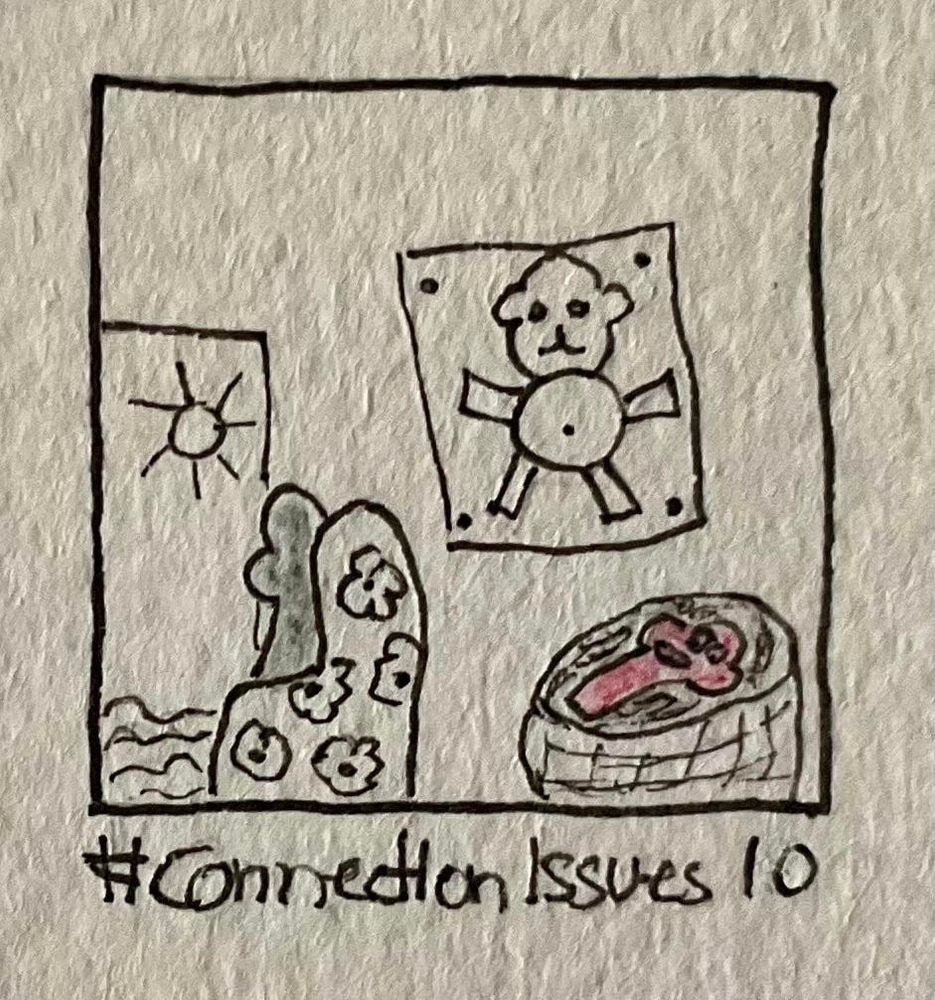 A simple illustration featuring a cozy room with a bed, a patterned chair, and a drawing of a bear on the wall. A small basket with a crying pink baby is placed near the bear. While a grey character is sitting in the chair, in front of the window, looking away at the sea. The bottom corner includes the hashtag #ConnectionIssues10.