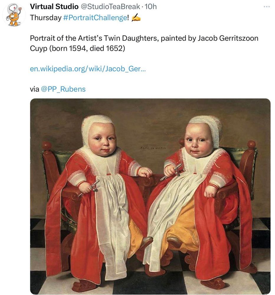 A painting titled "Portrait of the Artist’s Twin Daughters" by Jacob Gerritszoon Cuyp, featuring two identical infant girls sitting side by side in ornate chairs. Both wear red dresses with white bonnets and hold small toys. The background consists of a chessboard floor and a brown wall.