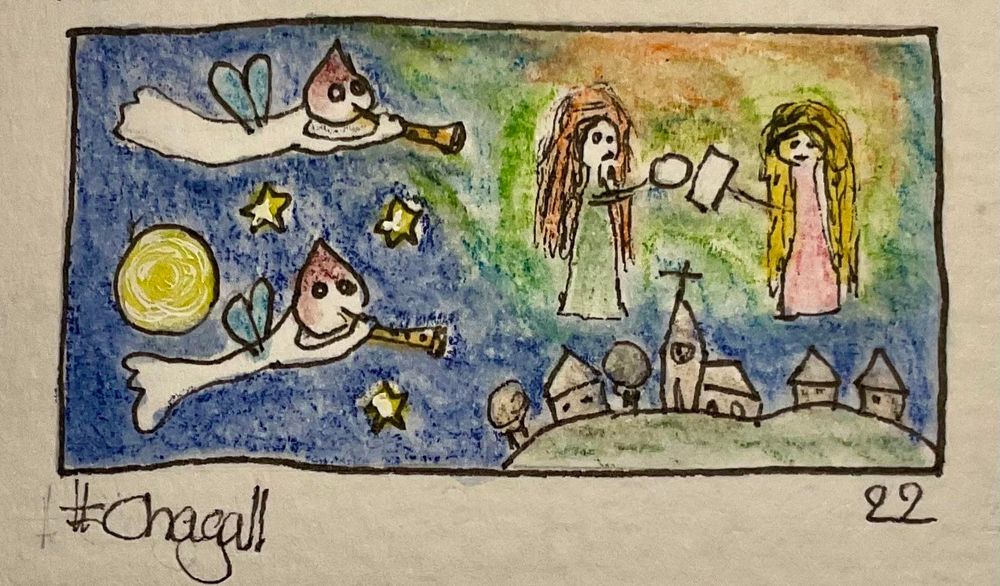 A colorful drawing featuring two angelic figures with wings playing trumpets in a night sky filled with stars, a moon, and a green landscape with a village. Two women, one holding a piece of paper, the other holding a rock, are depicted to the right, surrounded by a green-orange light, as a contrast to the dark blue.