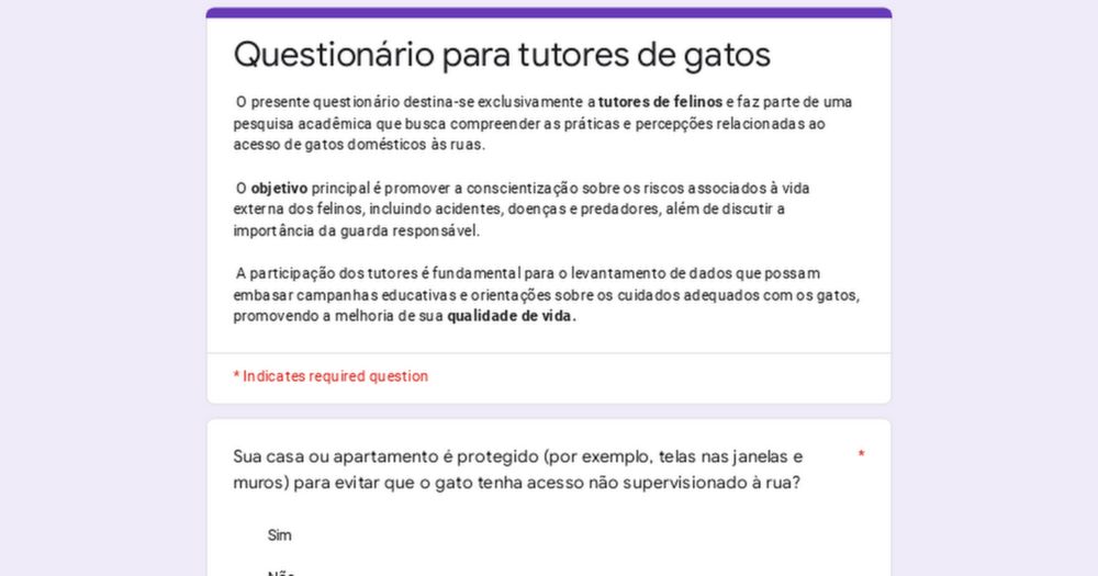 Questionário para tutores de gatos