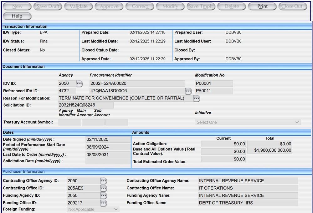 A detailed screen from a transaction management system displaying procurement information. The top section includes transaction details such as IDV Type, Status, Prepared Date, and Approval Dates. Below, document information shows the agency, procurement identifier, modification number, and reason for modification. Dates of significance, including the date signed and various performance periods, are listed. The amounts section outlines financial obligations, with all values currently at $0.00 except for the total contract value, which is listed as $1,900,000,000. The purchaser information lists the contracting office agency name, office, and funding details. The layout is structured with labeled fields for clarity.