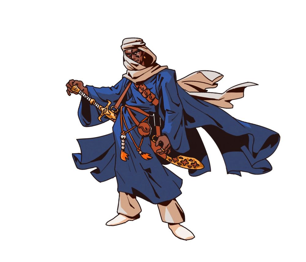 A swordsman draped in flowing robes with a large scimitar on his hip
