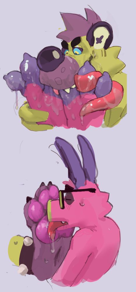 Two pictures. In the first dvornik is seen licking Moxy's paws. His long tongue tangles itself around his toes leaving an excessive amount of saliva on them. In the second Moxy is seen shyly lick dvornik's paw, which is twice the size of his head.