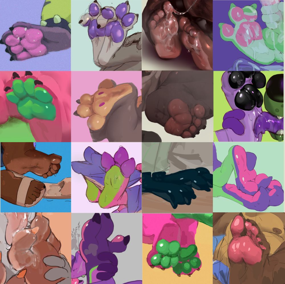 16x16 collage of various paintings of paws.