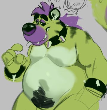 dvornik. he is a green and purple fat hyena man with black eyes and spike cuffs and collar.