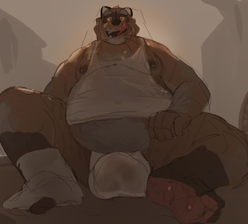 Furry. Bottom up view of a fat tanuki older man in dim lighting. He wears stained white tank top and underwear and a holed sock on his left foot. His nipples are visible and he has gray scruffy belly hair. His left foot is pink, shiny and fully padded. He has a devious expression where he licks his lips.