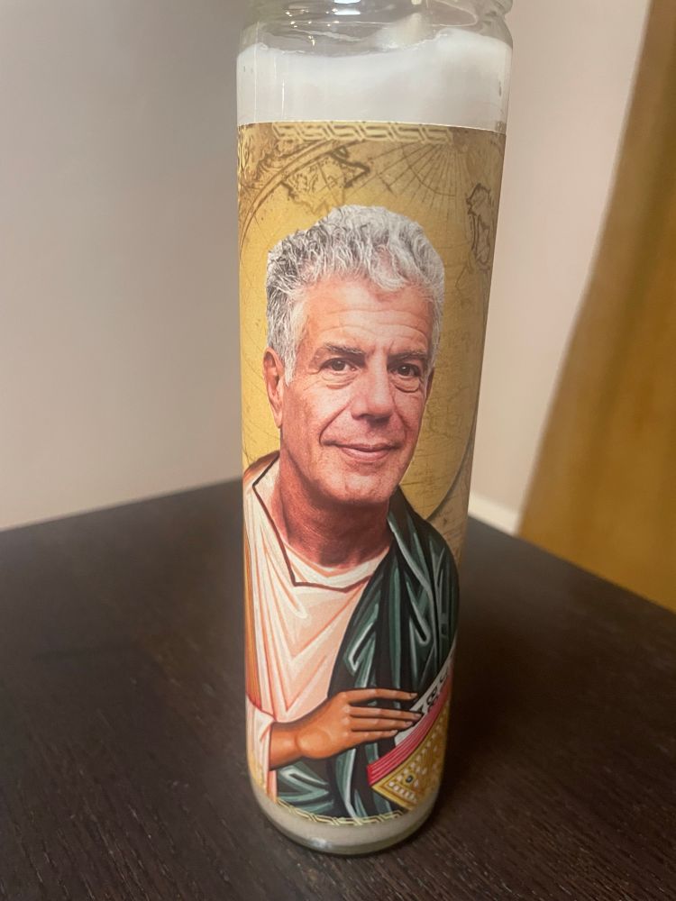 A Jesus candle with Anthony Bourdain’s face 