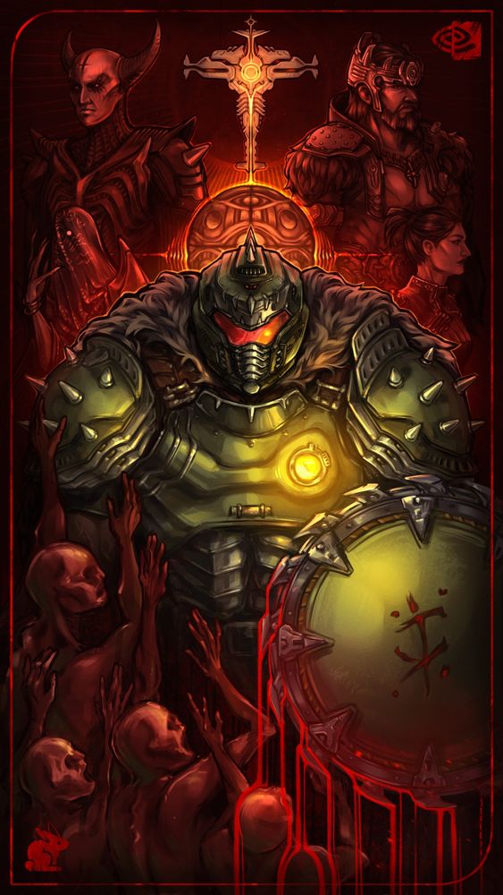 Fanart of DOOM The Dark Ages inspired by tarot card visuals. In the center there is Doom Slayer holding his shiled saw with the heart of Argent illuminating him from behind. At his arm there are few blood-soaked demons clawing at his impenetrable armor. In the background - to one side is Prince Ahzrak and the Witch - and to the other King Novik and Princess Thira. Directly above Slayer floats Maykr ship with radiant linees emmanating form it. In the corners I've put a little rabbit (Daisy) and Nvidia logo (one of the organisators of the contest).