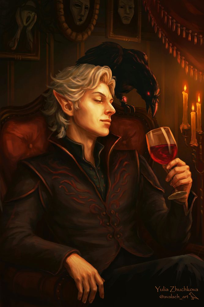 Astarion lounges in an armchair, a glass of deep red wine (or maybe something else) in hand. Perched on the chair’s crest, a raven whispers his darkest secrets. Around them, the walls are adorned with living portraits and masks that watch with silent, knowing eyes, or scream.